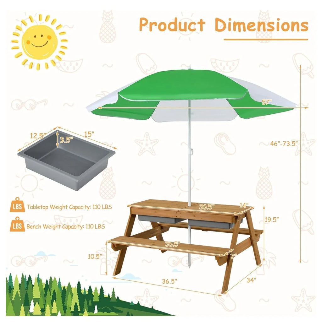Kids Picnic Table, 4-in-1 Cedar Wooden Sand & Water Table w/ Umbrella, Outdoor Patio Furniture Set for Toddlers, Backyard Garden Play