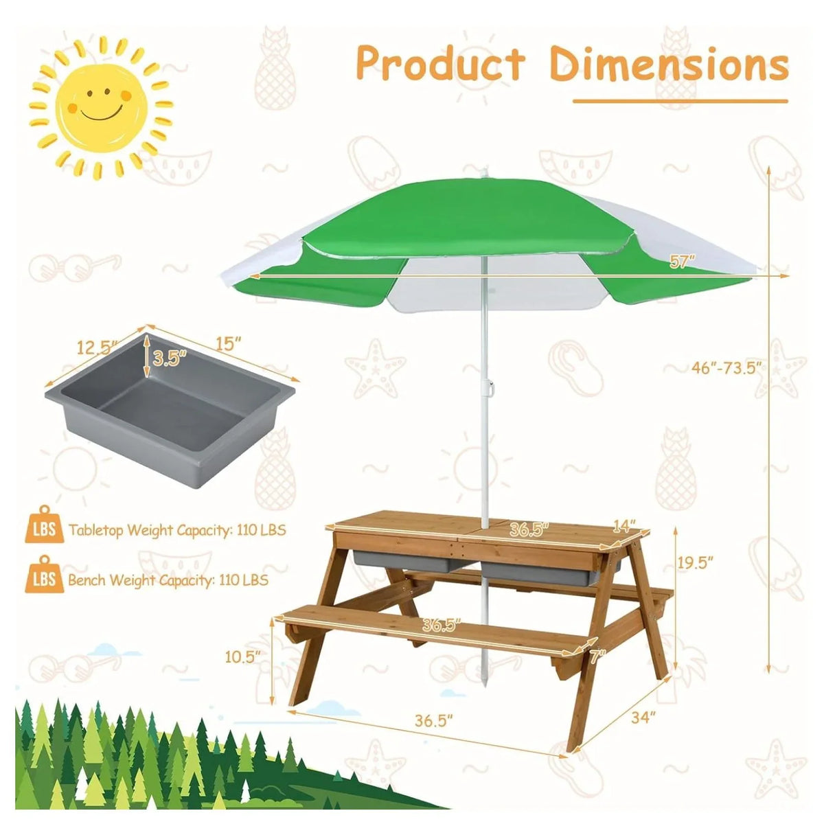 Kids Picnic Table, 4-in-1 Cedar Wooden Sand & Water Table w/ Umbrella, Outdoor Patio Furniture Set for Toddlers, Backyard Garden Play