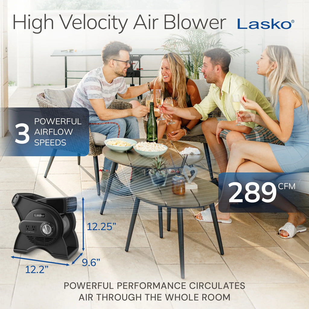 Lasko Pivoting Pro 12" 3-Speed Rotating Head Free Standing Blower Fan, 289 CFM, Black, U12104