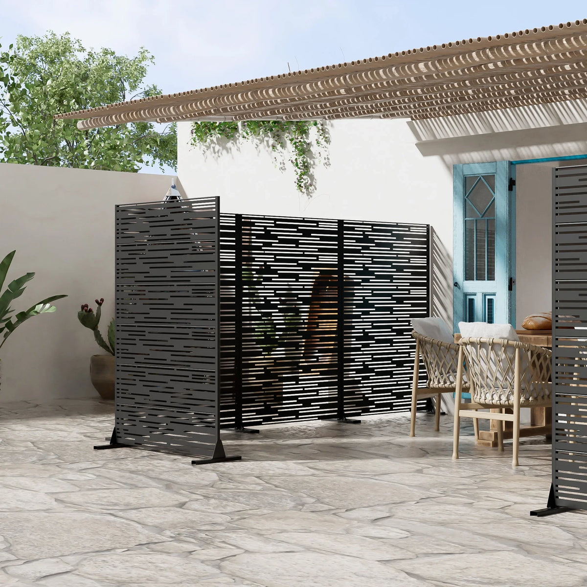 MAYEERTY 72" 47in Outdoor Privacy Screen with Stand Metal Balcony Decorative Screen, Black