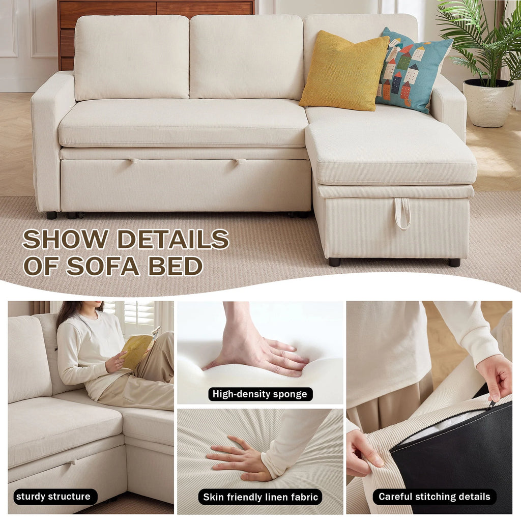 Pingliang Home Pull Out Sleeper Sofa Bed Sectional Sofa with Storage Chaise,L Shaped Sectionals Couches with Side Pockets,Modern Linen Reversible Sofa Couch for Living Room Apartment Office Studio