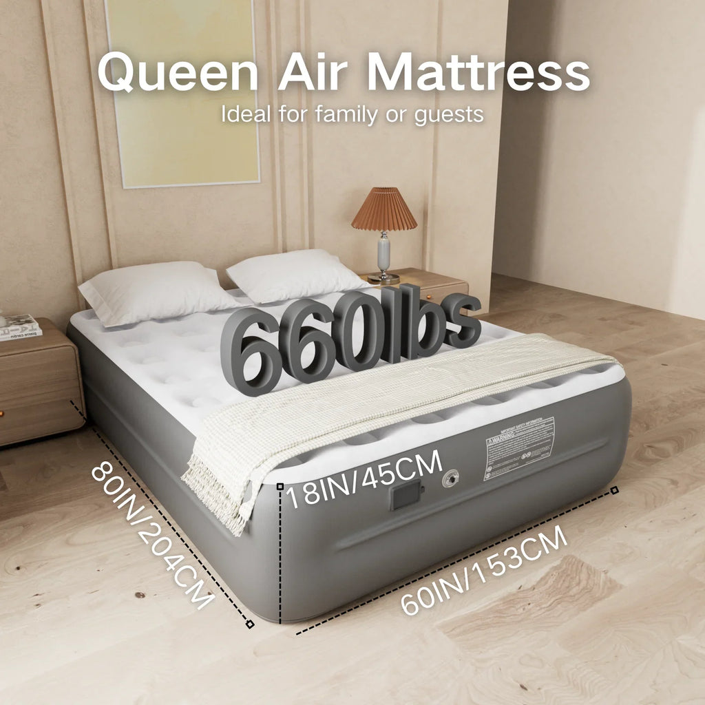 Luxury Queen Air Mattress with Built-In Battery Pump,Heavy-Duty Waterproof Veltex Surface for Indoor/Outdoor Use,Portable Inflatable Camping Bed & Guest Bed(Blue)
