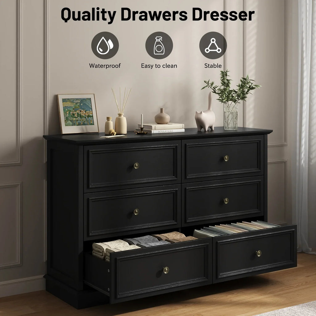 IDEALSOUL Black Dresser,6 Drawer Dresser for bedroom,Retro Wood Storage Cabinet for Living Room