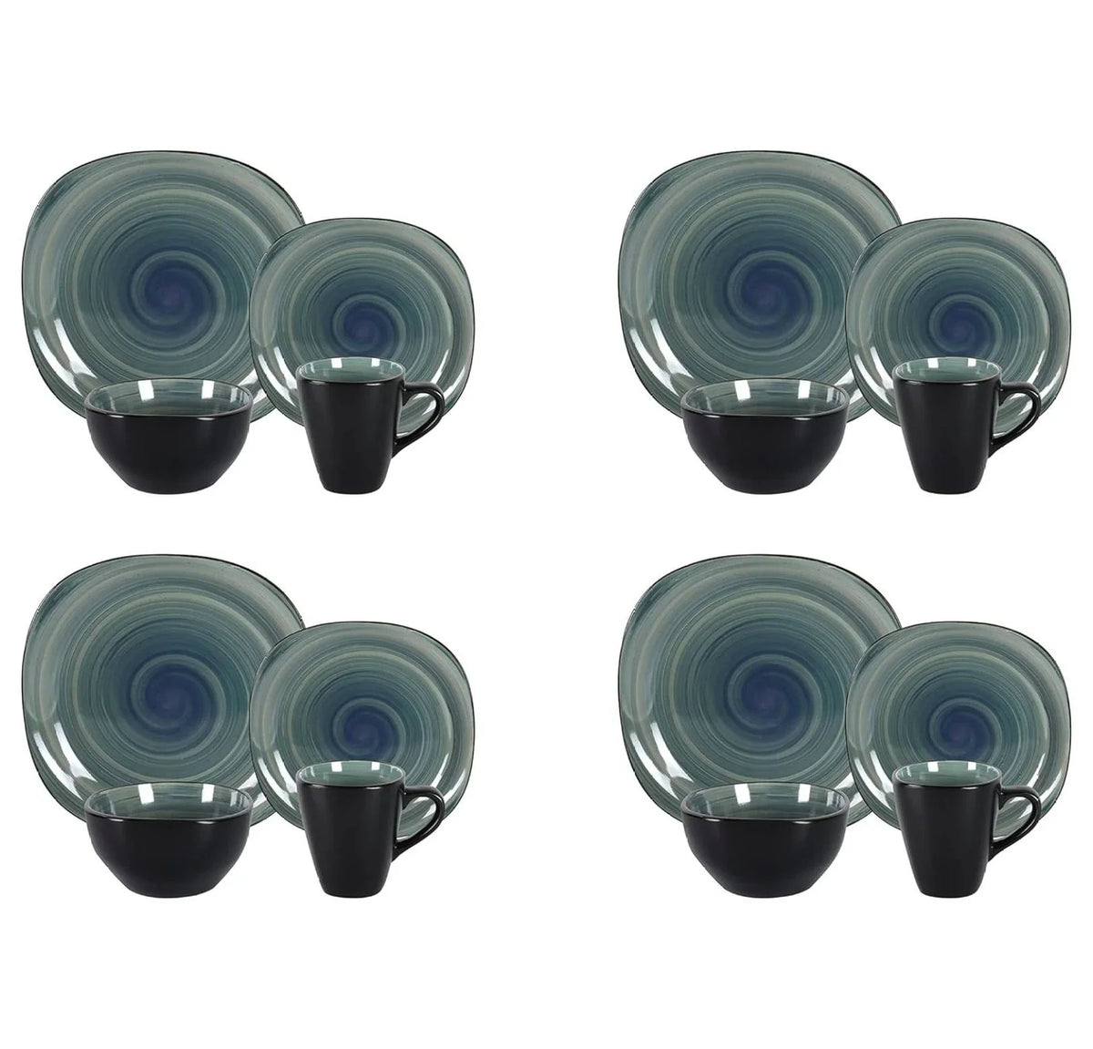 Stoneware Square 16pc Dinnerware Set, Inside Spinwash Swirl Orange + Outside Black