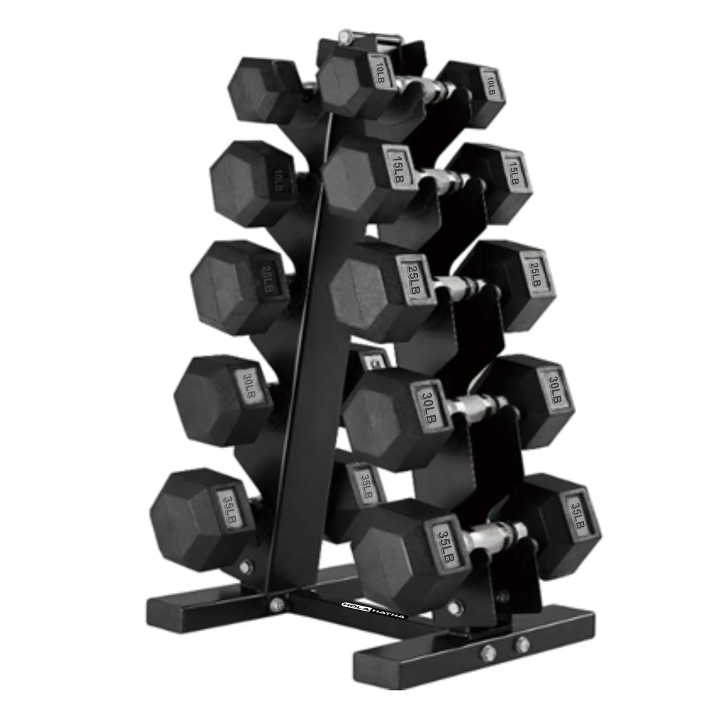 HolaHatha 10, 15, 25, 30, & 35 Pound Hexagonal Dumbbell Weight Set w/Rack