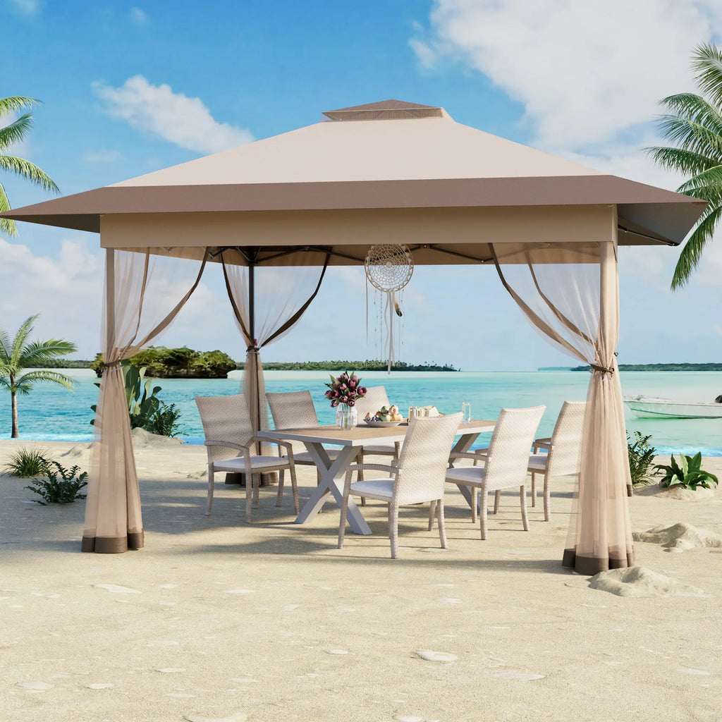 Bezseller 11x11 Pop up Gazebo, Outdoor Waterproof Canopy Tent with Mosquito Netting for Outdoors, Khaki