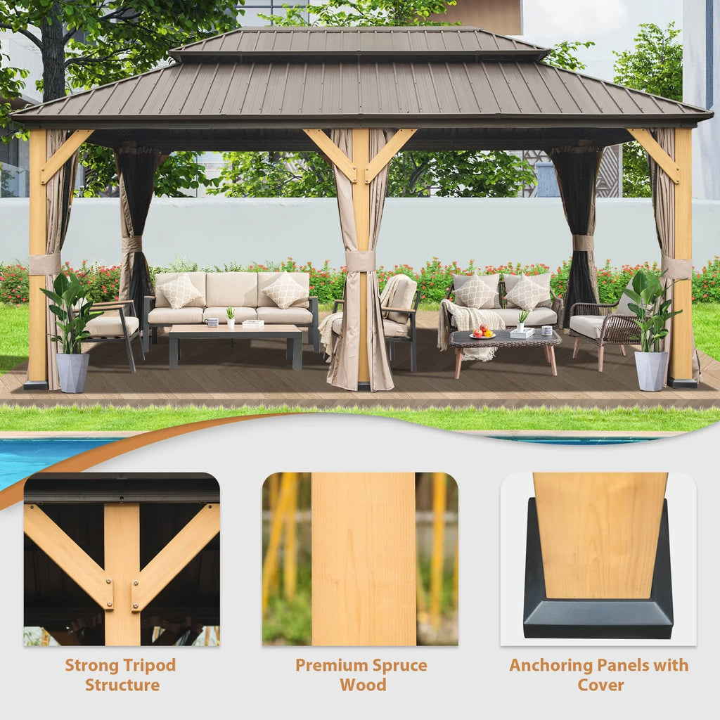 Domi 12x20 ft Wood Gazebo, Cedar Wood Frame Hardtop Gazebo with Galvanized Steel Double Roof, Outdoor Gazebo with Netting and Curtains, Patio Gazebo Pergola Pavilion for Patio, Backyard, Deck, Lawns