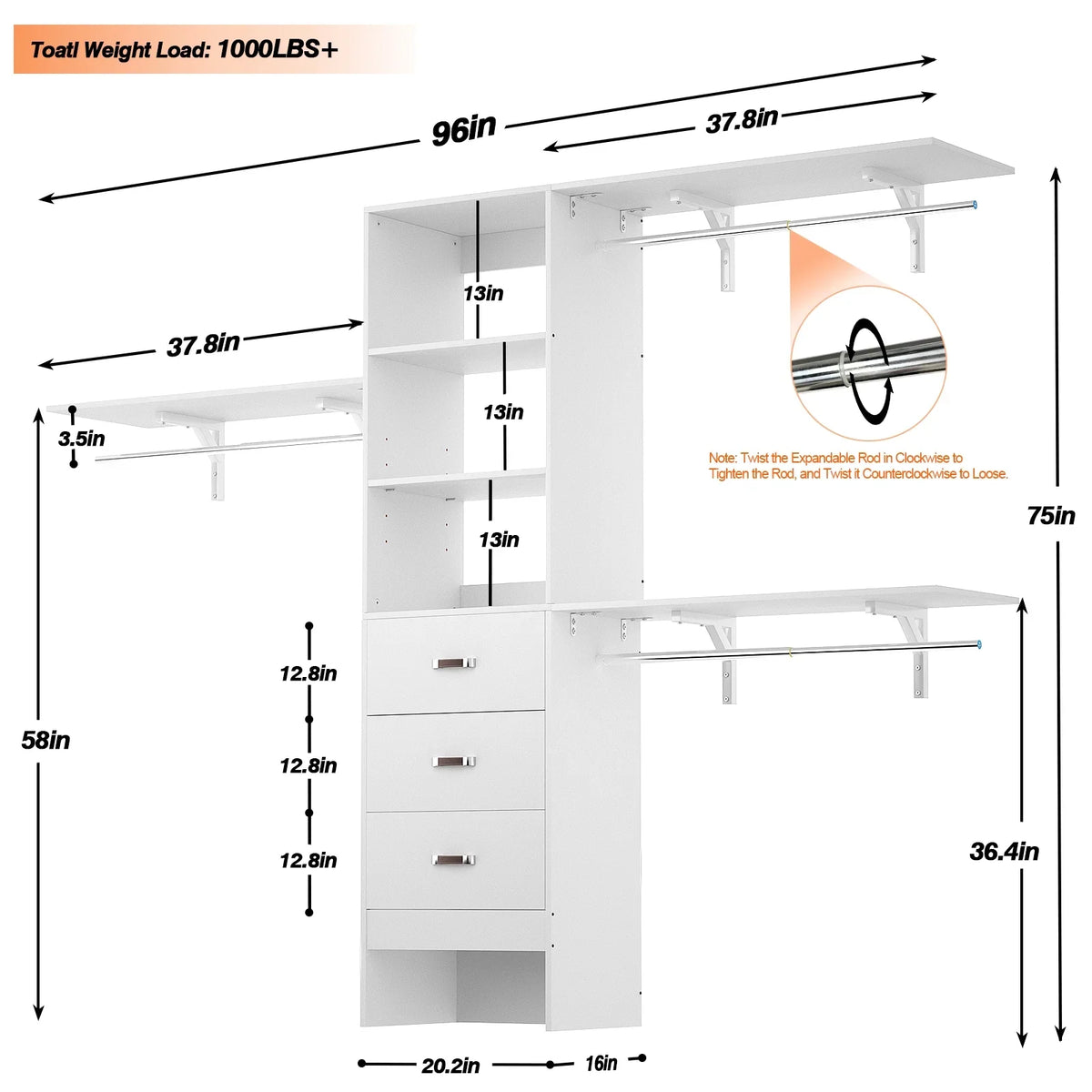 Homieasy 96 Inches Closet System, 8FT Walk In Closet Organizer with 3 Shelving Towers, Heavy Duty Clothes Rack with 3 Drawers, Built-In Garment Rack, 96" L x 16" W x 75" H, White