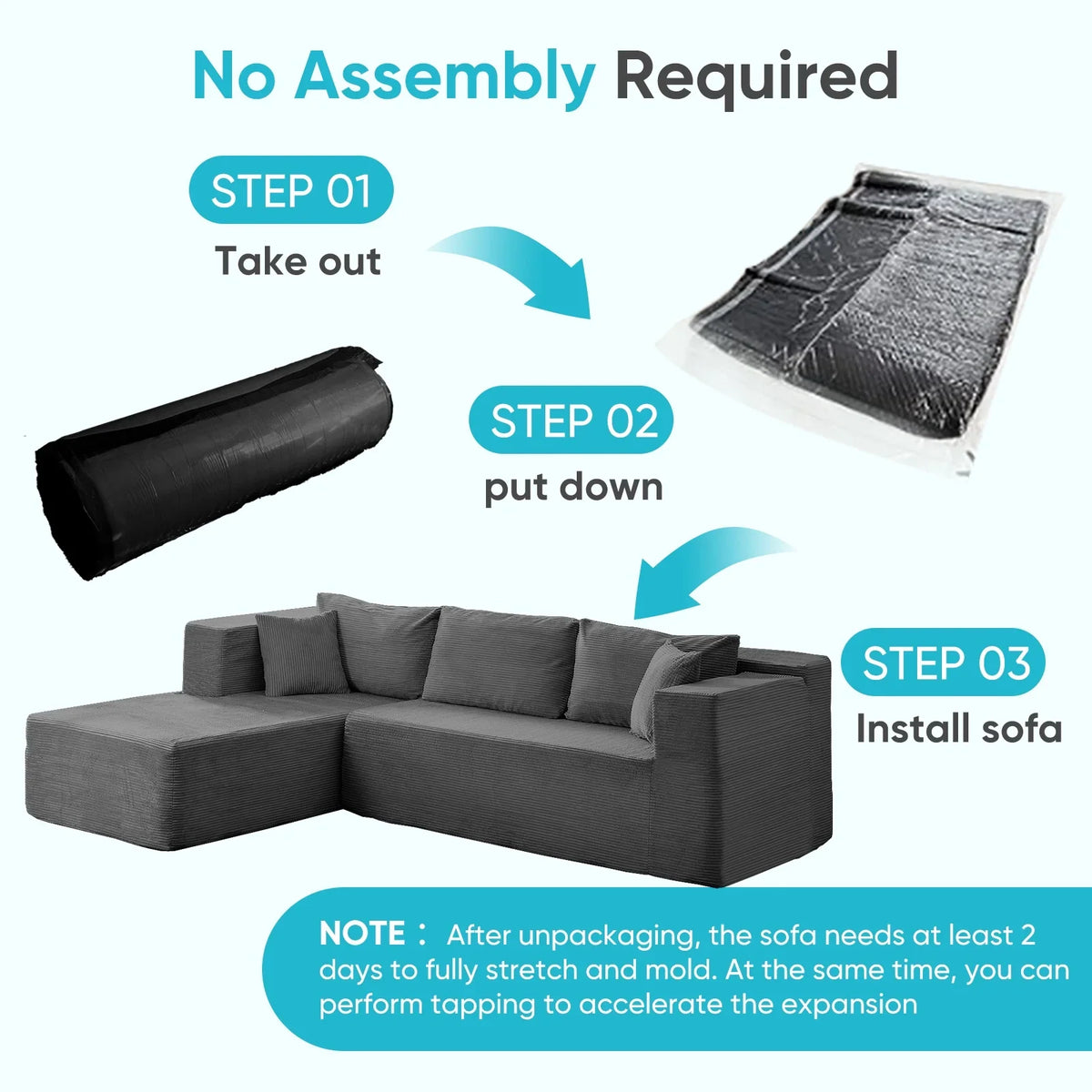 ZAFLY 106" Cloud Sectional Couch with Chaise, No Assembly Required L Shaped Sleeper Sofa, Oversized Deep Seat Modular Couches and Sofas for Living Room - Right, Black