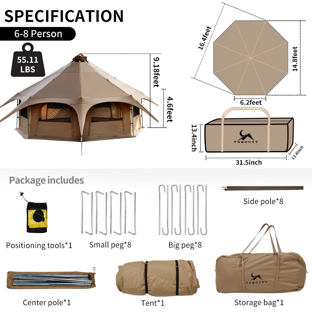 TOMOUNT Canvas Tent 8-Person Yurt Tent with Stove Jack Bell Tent for Camping Luxury Glamping Yurt Tent 16.4ft Dia
