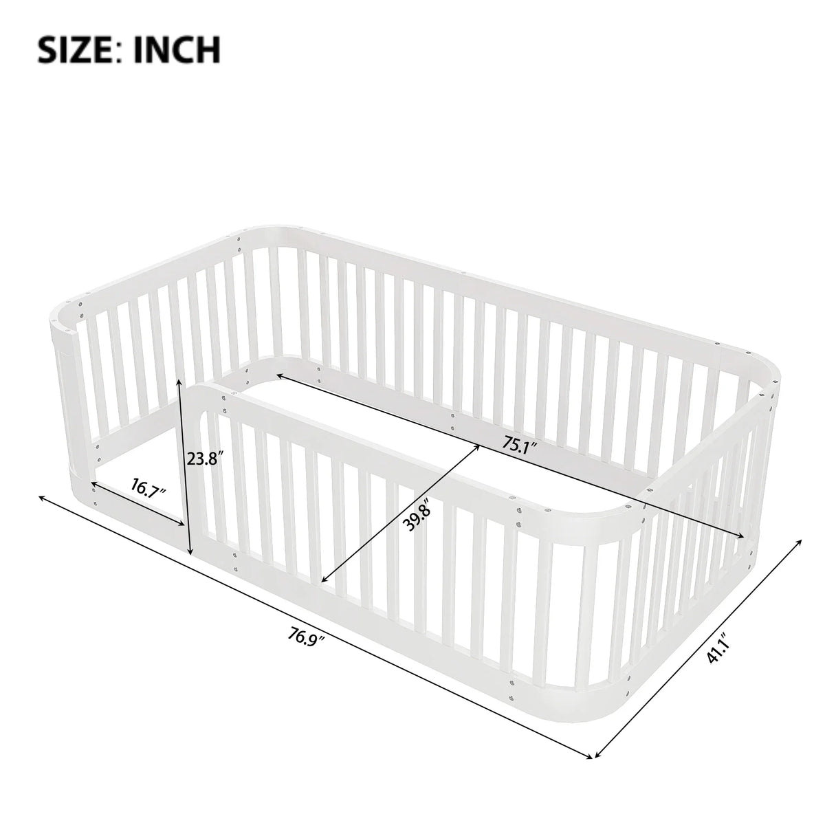 Euroco Twin Size Floor Bed with Fence for Kids Teens and Toddlers, White
