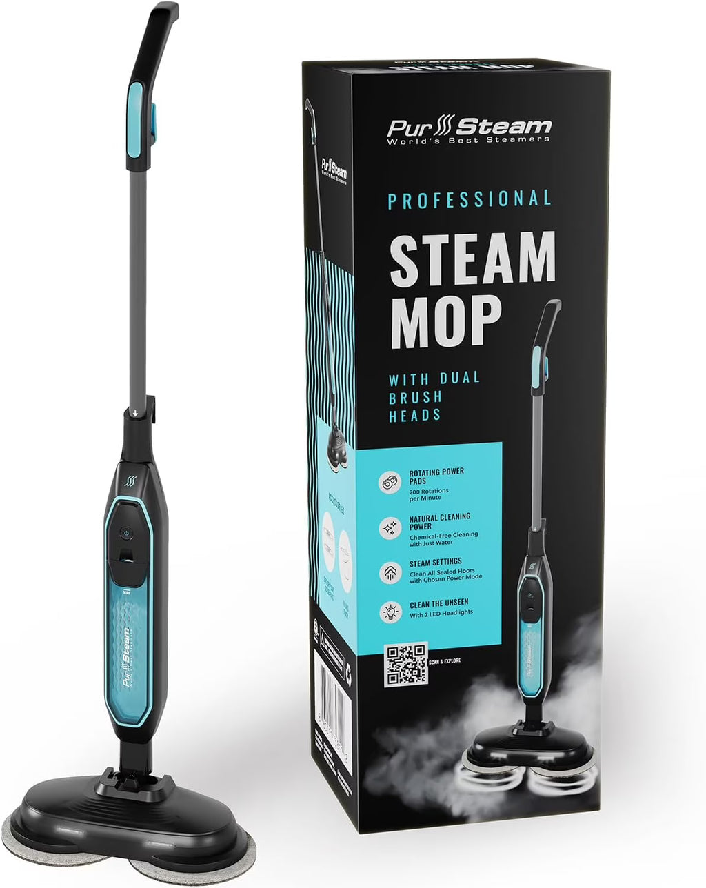 Pursteam ScrubMaster Steam Mop with Dual Scrubbing Head, LED Headlights, Adjustable Steam Control, Anti-Slip Swivel Head, Cable Holder & Upright Lock