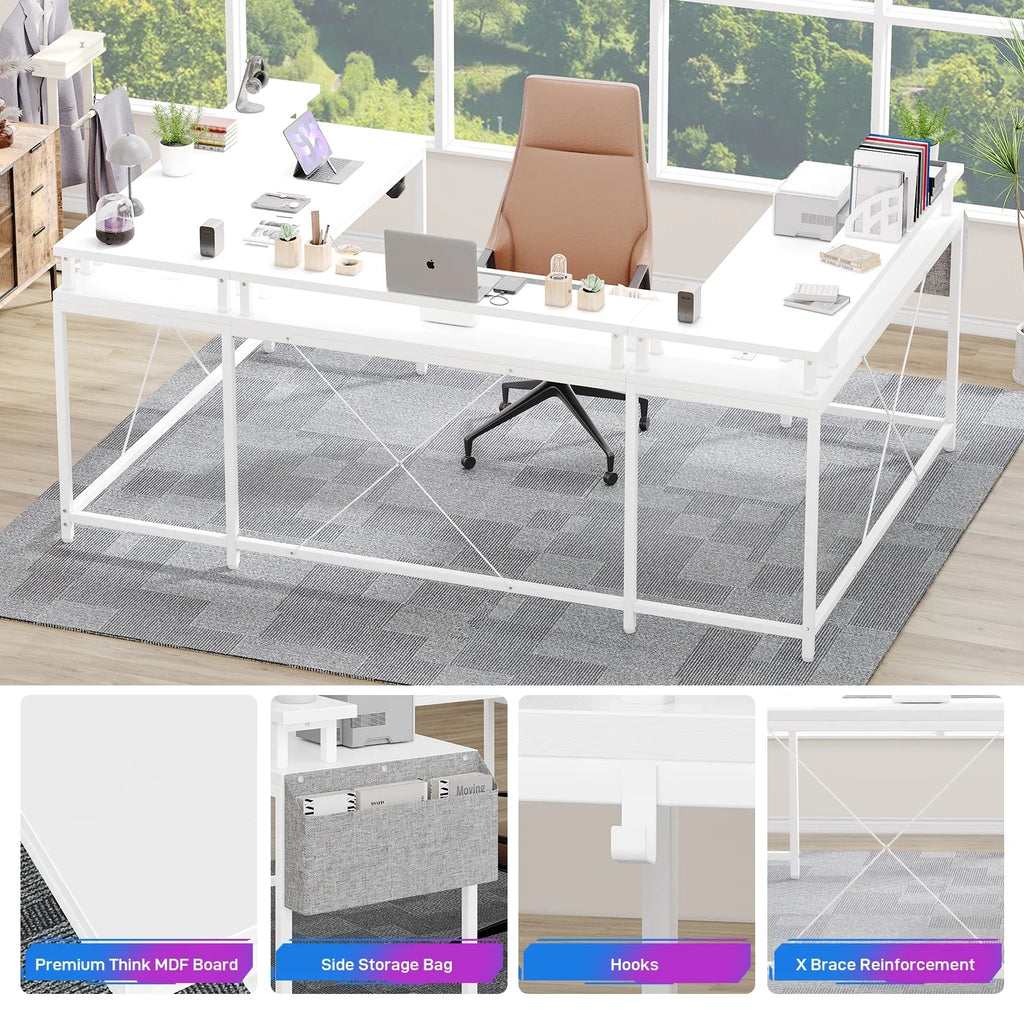 Yesfashion U Shaped Computer Gaming Desk, Reversible L Shaped Desk with Power Outlets, LED Strip & Monitor Stand, Large Corner Desk with Storage Shelves
