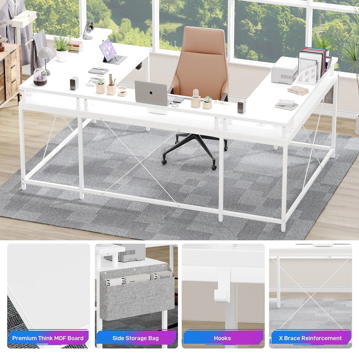 Yesfashion U Shaped Computer Gaming Desk, Reversible L Shaped Desk with Power Outlets, LED Strip & Monitor Stand, Large Corner Desk with Storage Shelves