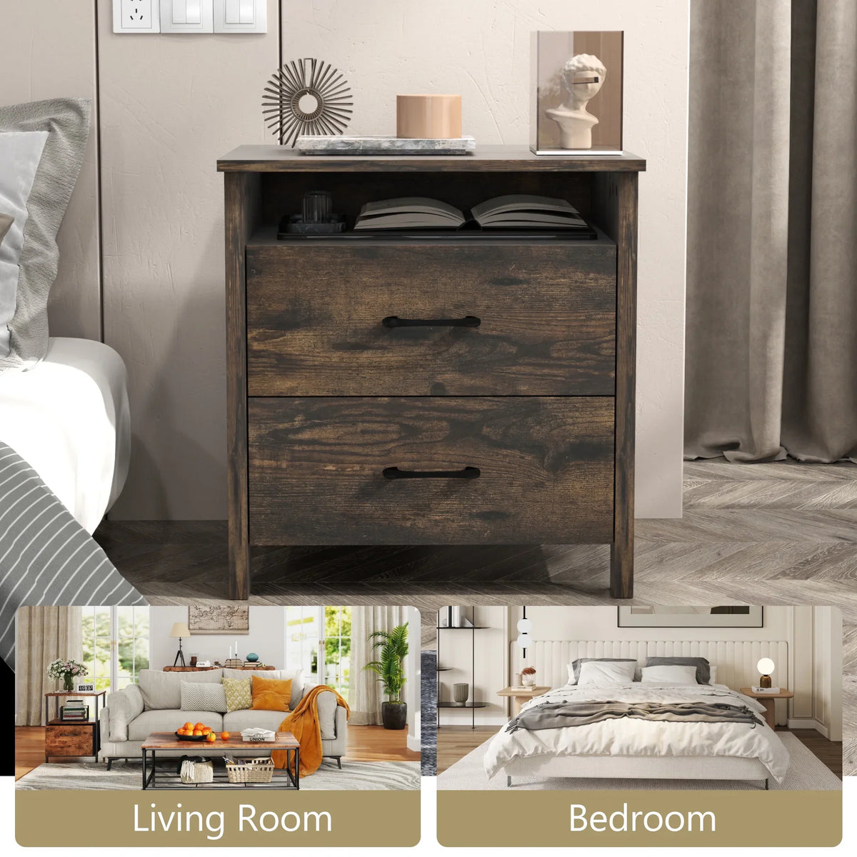 Farmhouse Nightstand with 2 Drawers, Rustic Grey Bedside Table with Open Shelf, Wooden Side End Table for Bedroom