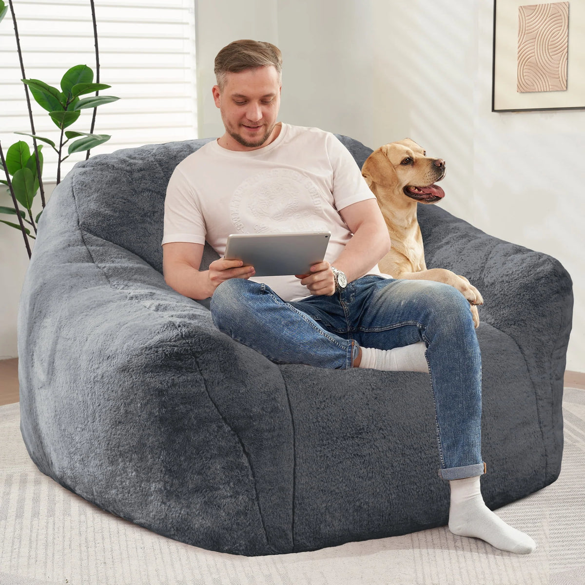 HOMGUAVA Giant Bean Bag Chair for Adults & Kids, Oversized Lounger Couch Large Lazy Chair w/ Stuffed Memory Foam & Wide Armrests, Light Gray