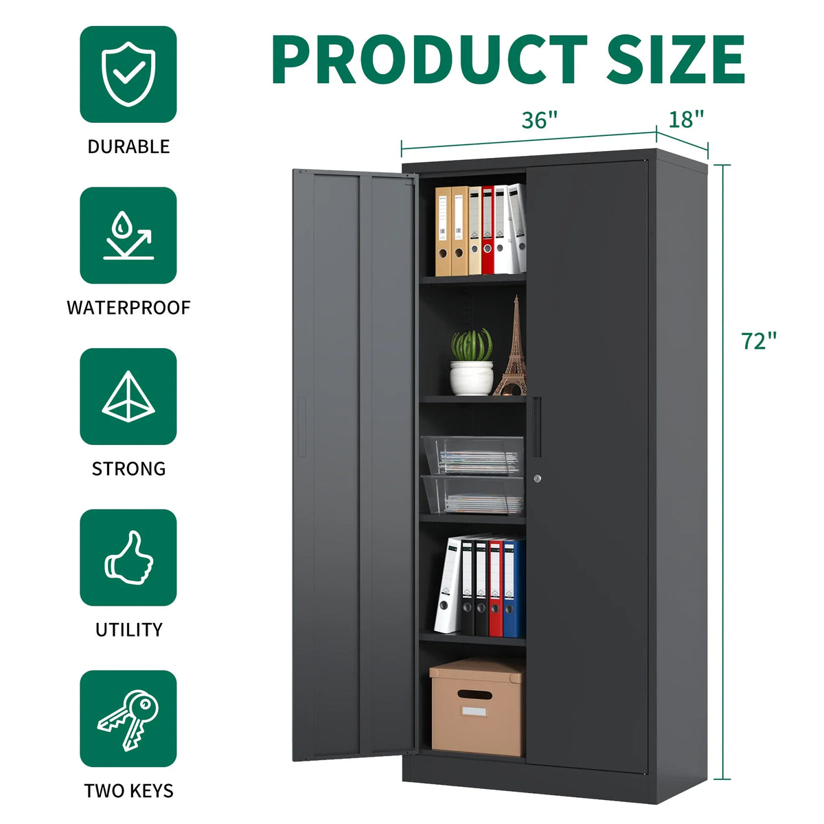 Garage Storage Cabinet with Doors and 4 Adjustable Shelves, Alvantor 72" Tall Metal Garage Cabinet, Lockable Tool Storage Cabinets for Garage, Home, Office Black