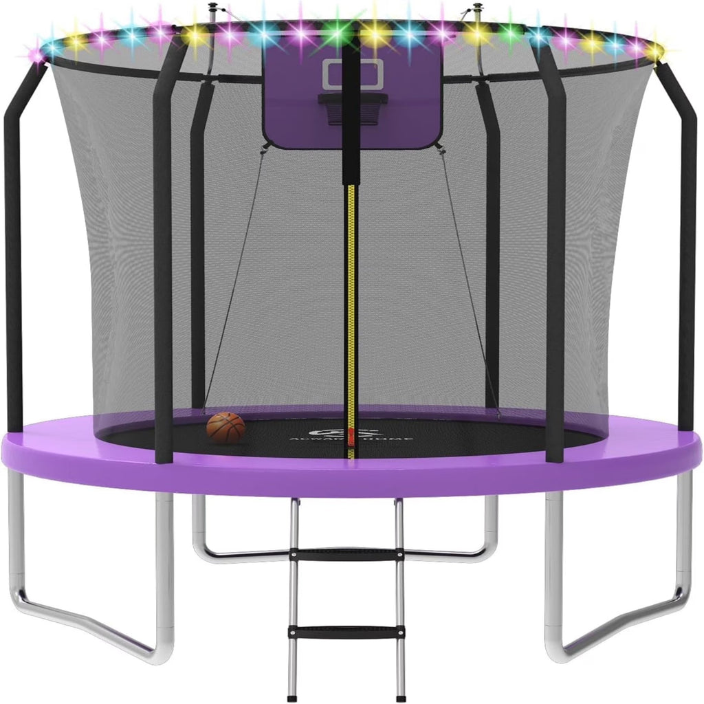 ACWARM HOME 8FT Trampoline with Enclosure Net,Basketball Hoop,Ladder, Light,Outdoor Heavy Duty Round,Purple