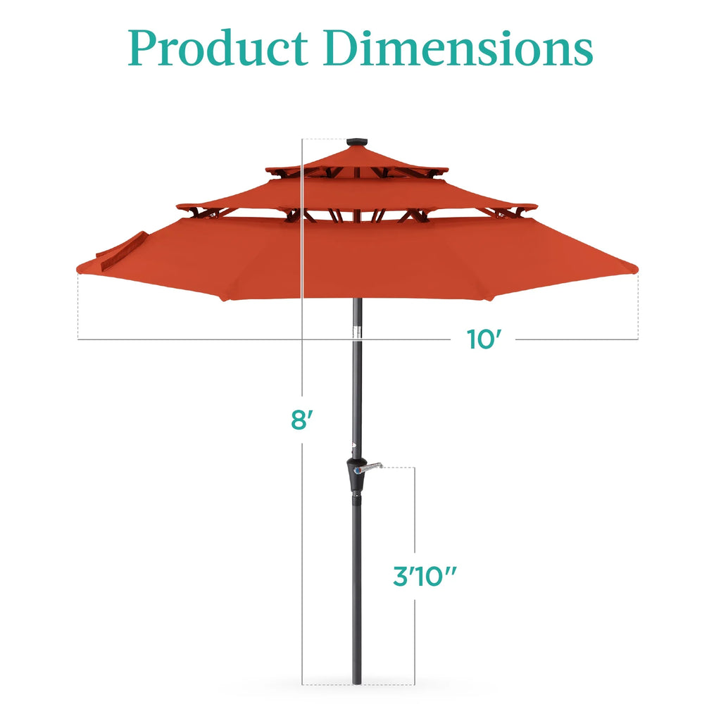 Best Choice Products 10ft 3-Tier Solar Patio Umbrella w/ 24 LED Lights, Tilt Adjustment, Easy Crank - Tan