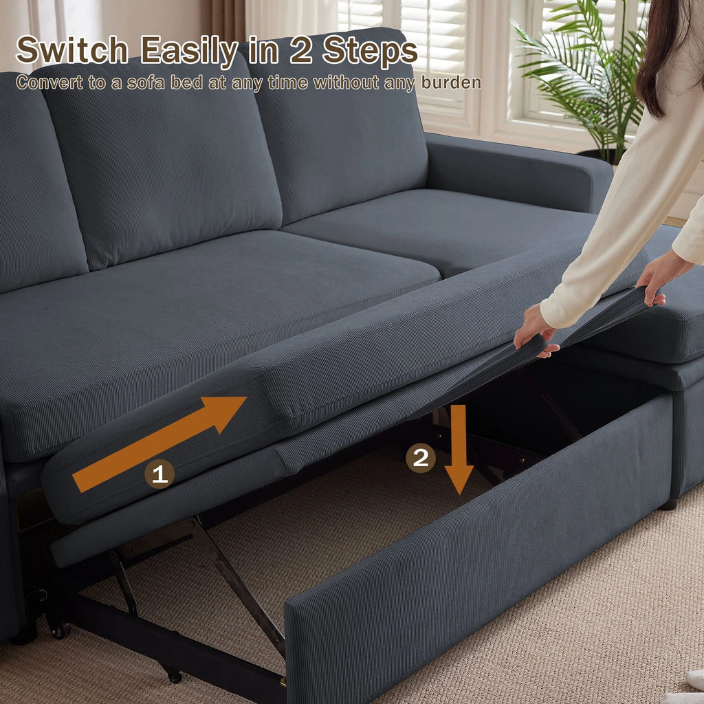 Pingliang Home Pull Out Sleeper Sofa Bed Sectional Sofa with Storage Chaise,L Shaped Sectionals Couches with Side Pockets,Modern Linen Reversible Sofa Couch for Living Room Apartment Office Studio