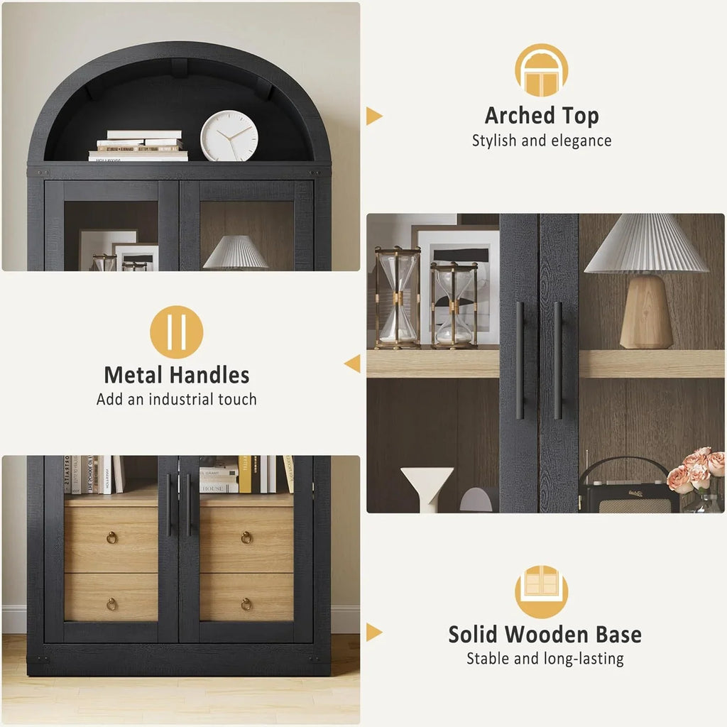 Arched Kitchen Pantry Storage Cabinet with 2 Drawers, 71-Inch Tall Farmhouse Wood Bookcase with 4 Doors for Kitchen Dining Room Bathroom