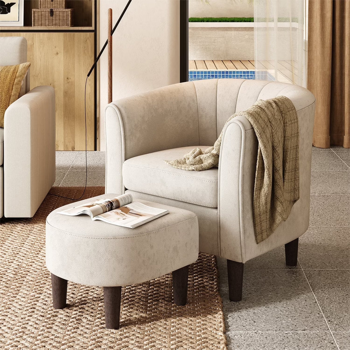 LINSY HOME Chenille Accent Chair with Ottoman for Living Room, Dark Gray