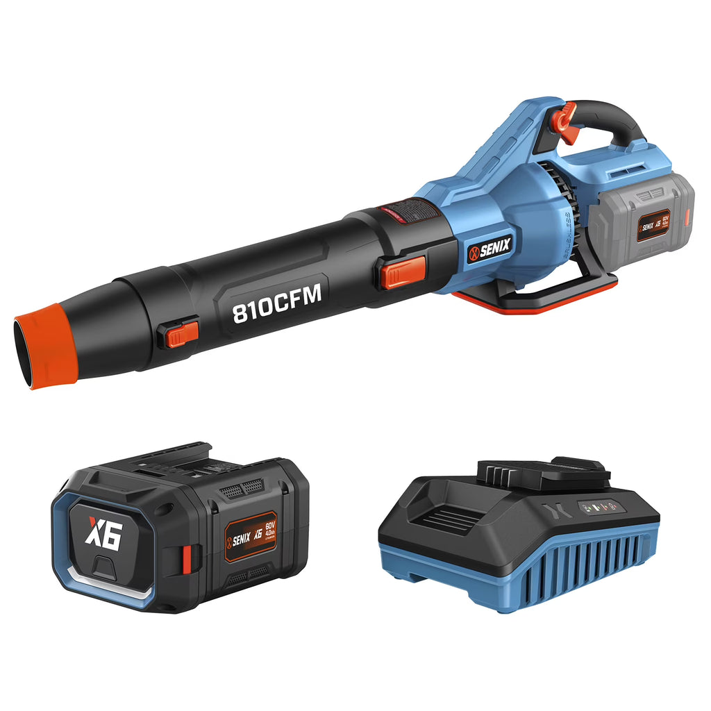 SENIX X6 60V Max* Brushless Cordless Leaf Blower with 4.0 Ah Battery and Charger, Variable Speed Up to 810CFM 170MPH, BLAX6-M1