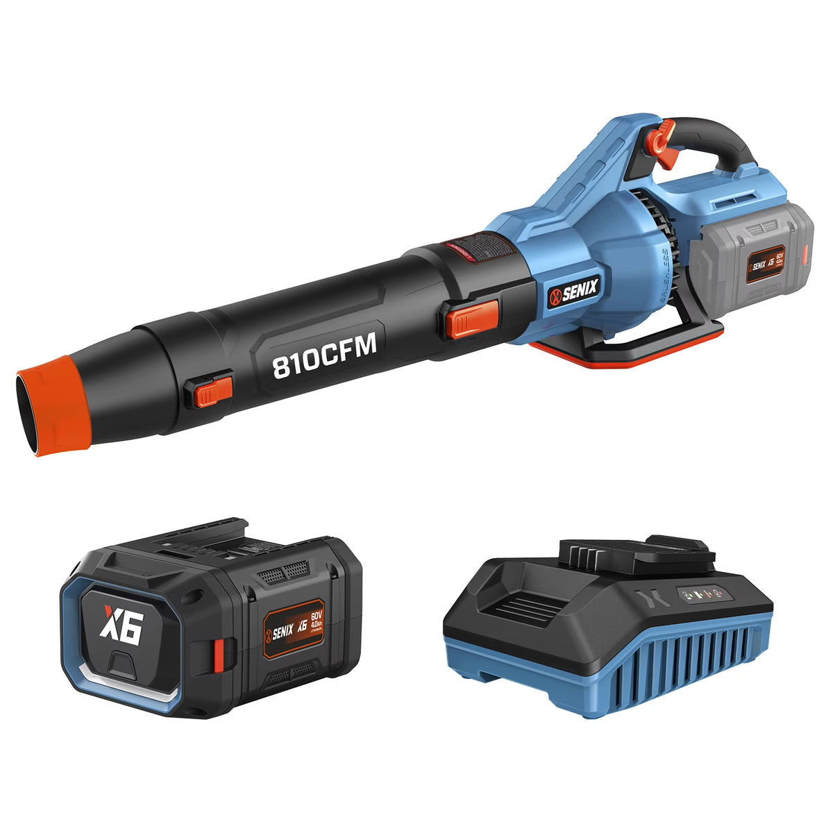 SENIX X6 60V Max* Brushless Cordless Leaf Blower with 4.0 Ah Battery and Charger, Variable Speed Up to 810CFM 170MPH, BLAX6-M1
