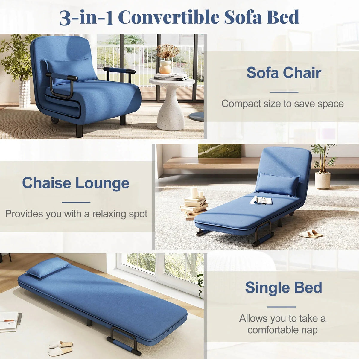 Costway 3-in-1 Convertible Sofa Bed with 5-Position Adjustable Backrest & Lumbar Pillow Brown