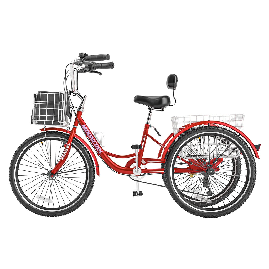MOONCOOL Adult Tricycles with Rear Basket & Inflator, 24 26 inch 7 Speed 3 Wheel Bikes, Three-Wheeled Bicycles Adult Trike with Backrest for Seniors, Women, Men