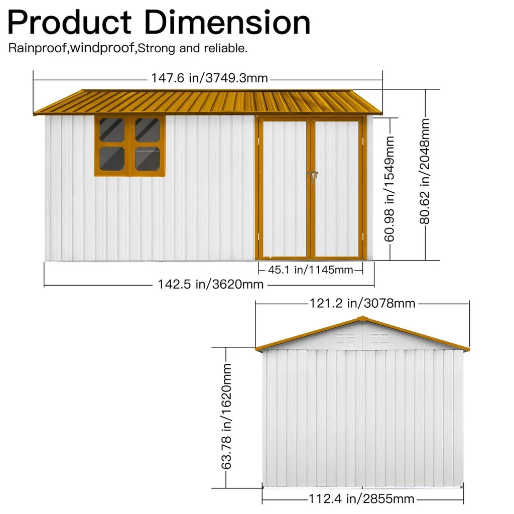 10x12 FT Outdoor Storage Shed, Metal Garden Tool Shed with Vents, Window and Bulit-in Hooks, Waterproof Organization for Home/Backyard/Garden Tools/Lawn Storage, Yellow+White