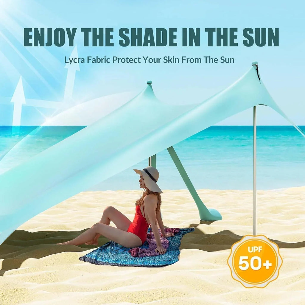Beach Tent Canopy with 8 Sandbags 4 Aluminum Poles, Pop Up Portable Camping Sun Shelter, Easy Set Up with 2 Sand Shovel, Ground Pegs, Carrying Bag for Outdoor Beach,Picnic, Fishing