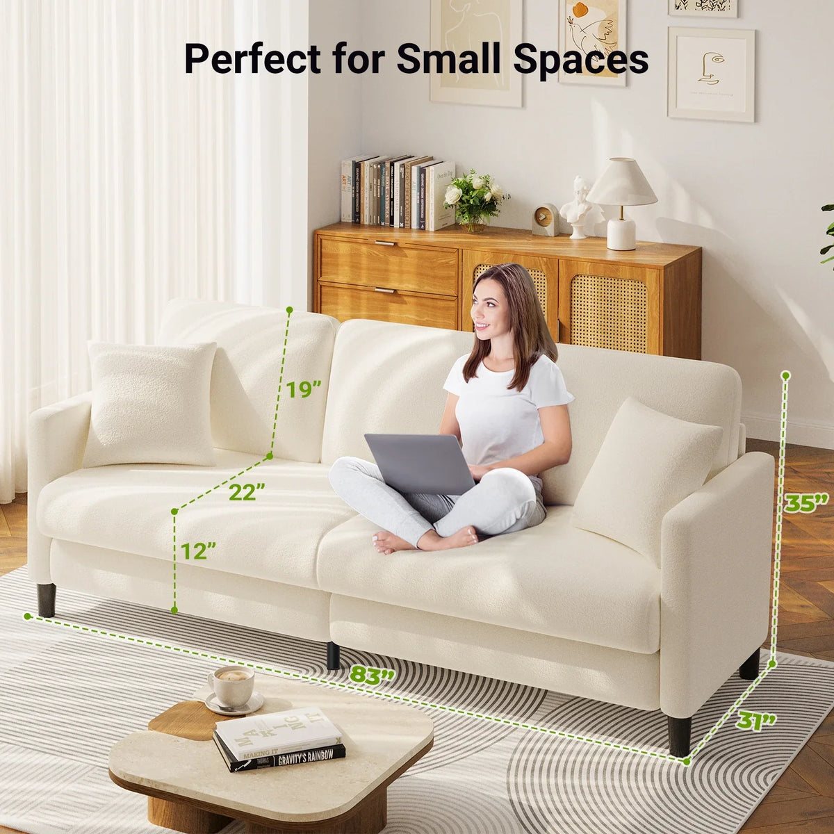 83" Comfortable Upholstered Sofa, 3 Seater Couch for Living Room, Neche Big Loveseat with Extra Deep Seats, 2 Pillows, Beige White