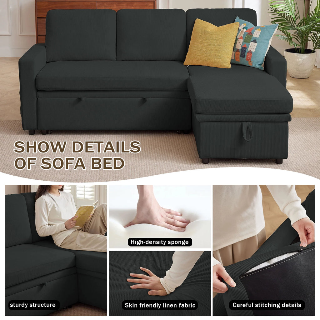 Pingliang Home Pull Out Sleeper Sofa Bed Sectional Sofa with Storage Chaise,L Shaped Sectionals Couches with Side Pockets,Modern Linen Reversible Sofa Couch for Living Room Apartment Office Studio