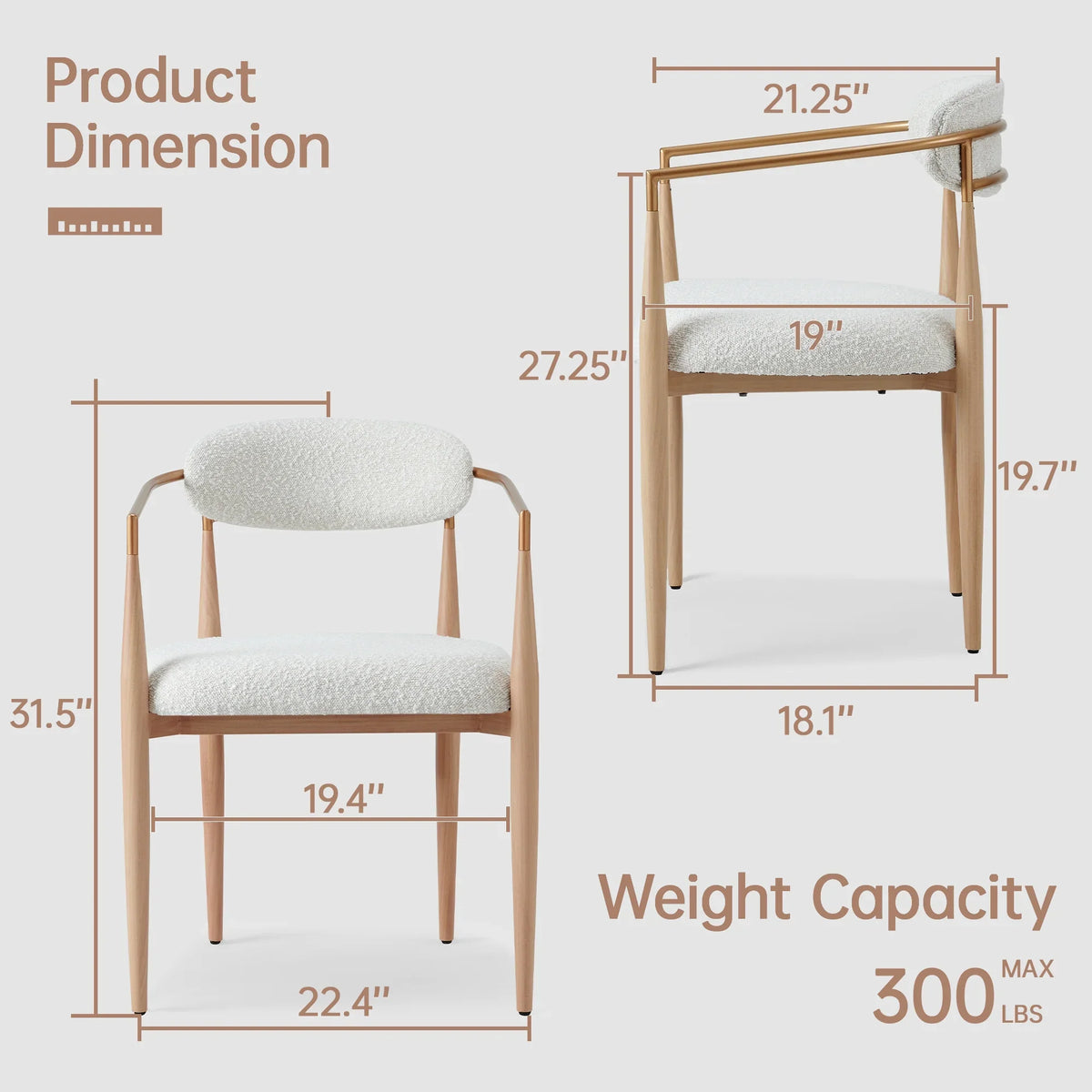 Set of 2 White Boucle Upholstered Dining Chair, Wood Grain Metal Frame Accent Chair for Kitchen Restaurant - Fortmok