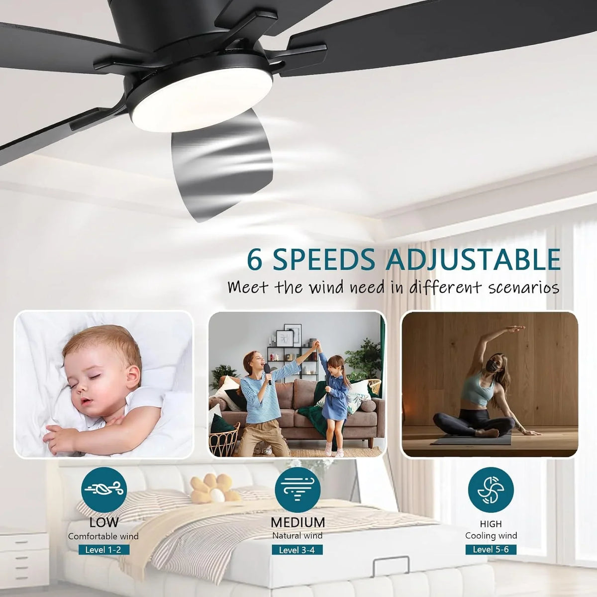42 Inch Low Profile Ceiling Fans with Lights and Remote, Flush Mount Modern Ceiling Fan, 3 CC T DC Ceiling Fan for Bedroom, Living Room, Brushed Nickel