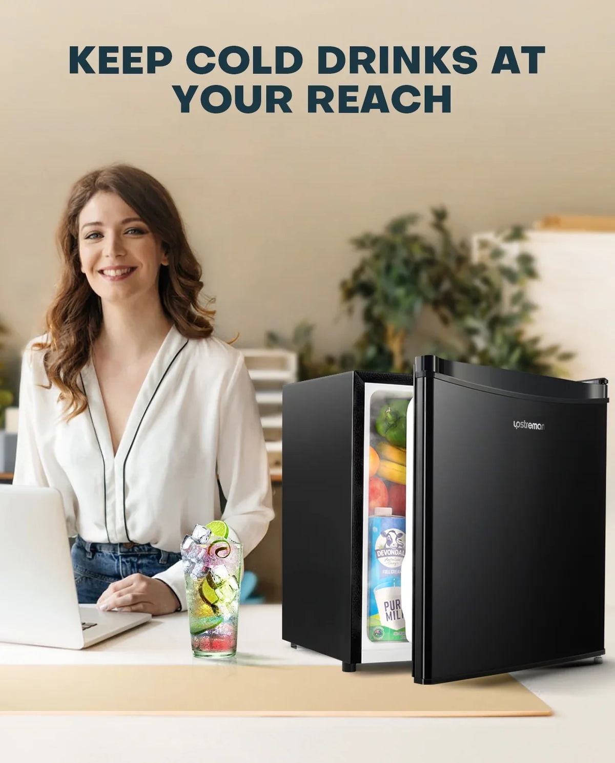 Upstreman 1.7 Cu ft Mini Fridge with Freezer Single Door Compact Refrigerator, Low Noise, Energy Saving, Adjustable Temperature, Reversible Door, for Home Office Dorm, Black FR17