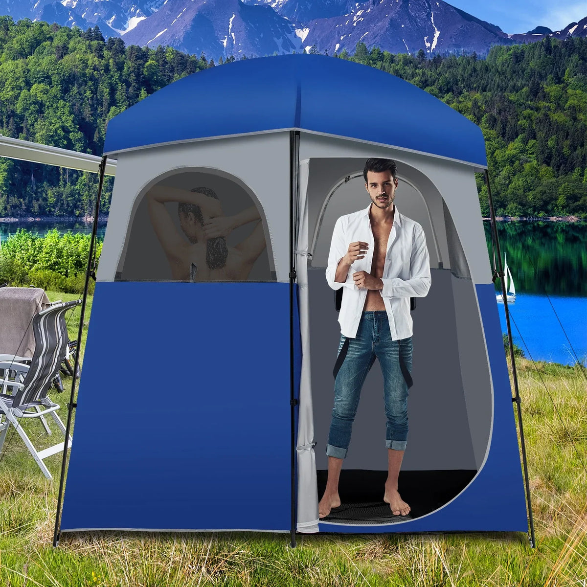 YUONAO 7'x3.5'x7 Double-Room Camping Shower & Toilet Tent with Floor and Carry Bag – Oversized Privacy Shelter for Outdoor Camping, Beach, Hiking