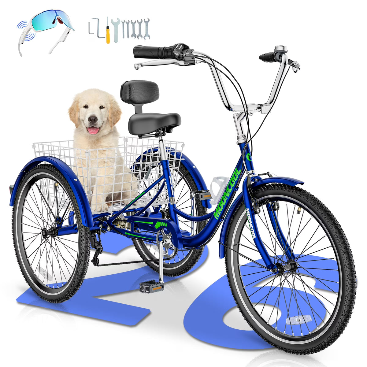 MOONCOOL Adult Tricycles with Rear Basket & Inflator, 24 26 inch 7 Speed 3 Wheel Bikes, Three-Wheeled Bicycles Adult Trike with Backrest for Seniors, Women, Men