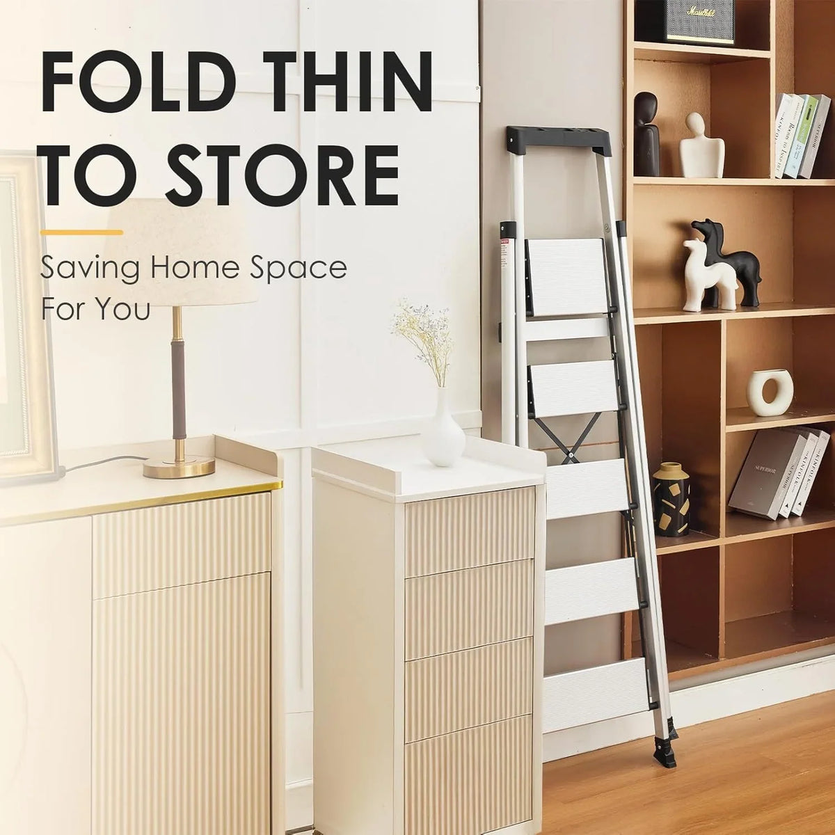 HBTower 4 Step Ladder with Tool Tray, Aluminum Anti-Slip Folding Step Stool for Adults, 330lbs Capacity, Light Weight Portable Ladder for Kitchen Warehouse Outdoor Work