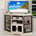 Dextrus Farmhouse Corner TV Stand for TVs up to 55 inch with Power Outlet, Wood Entertainment Center, TV Media Console with Storage, White Oak