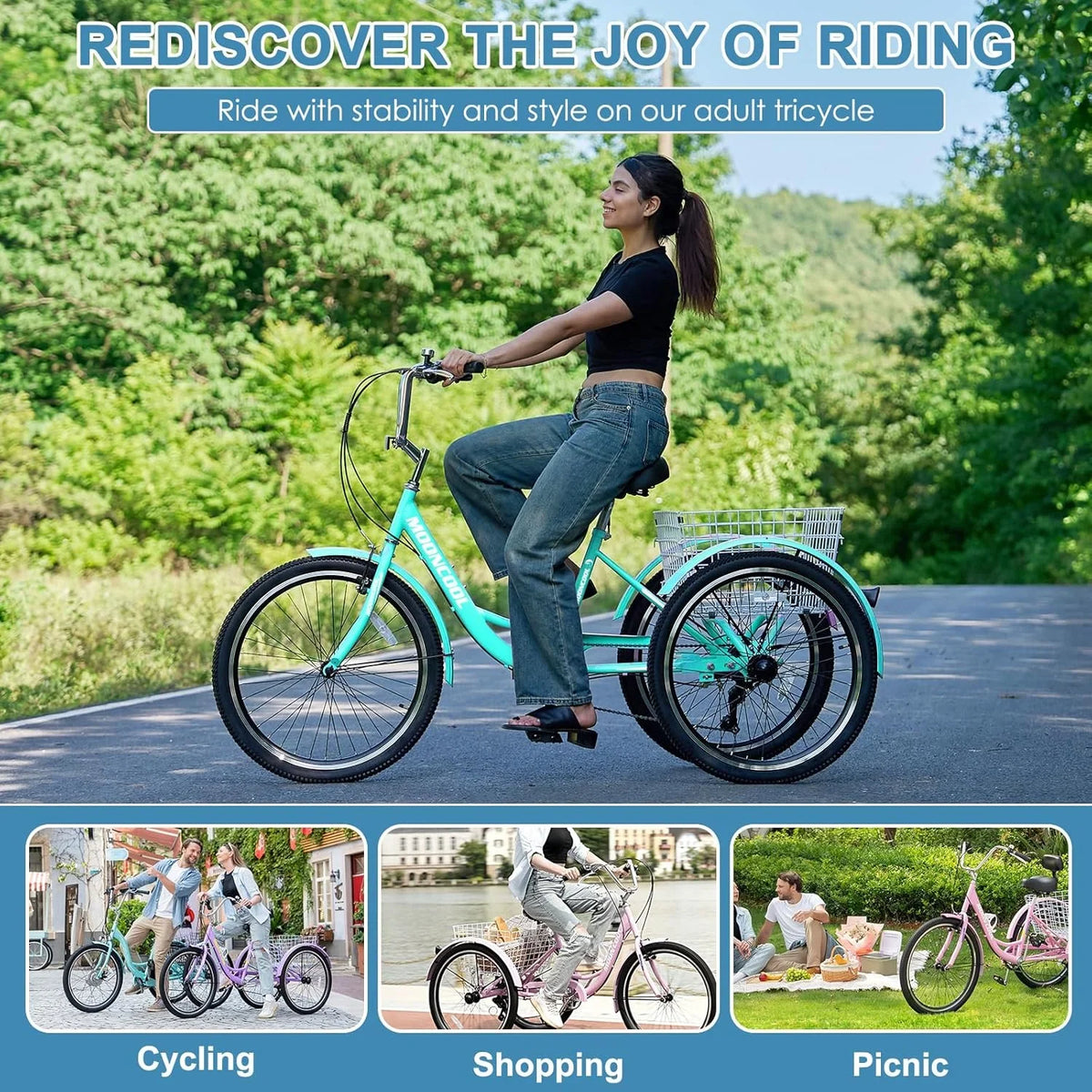 MOONCOOL Adult Tricycles with Rear Basket & Inflator, 24 26 inch 7 Speed 3 Wheel Bikes, Three-Wheeled Bicycles Adult Trike with Backrest for Seniors, Women, Men