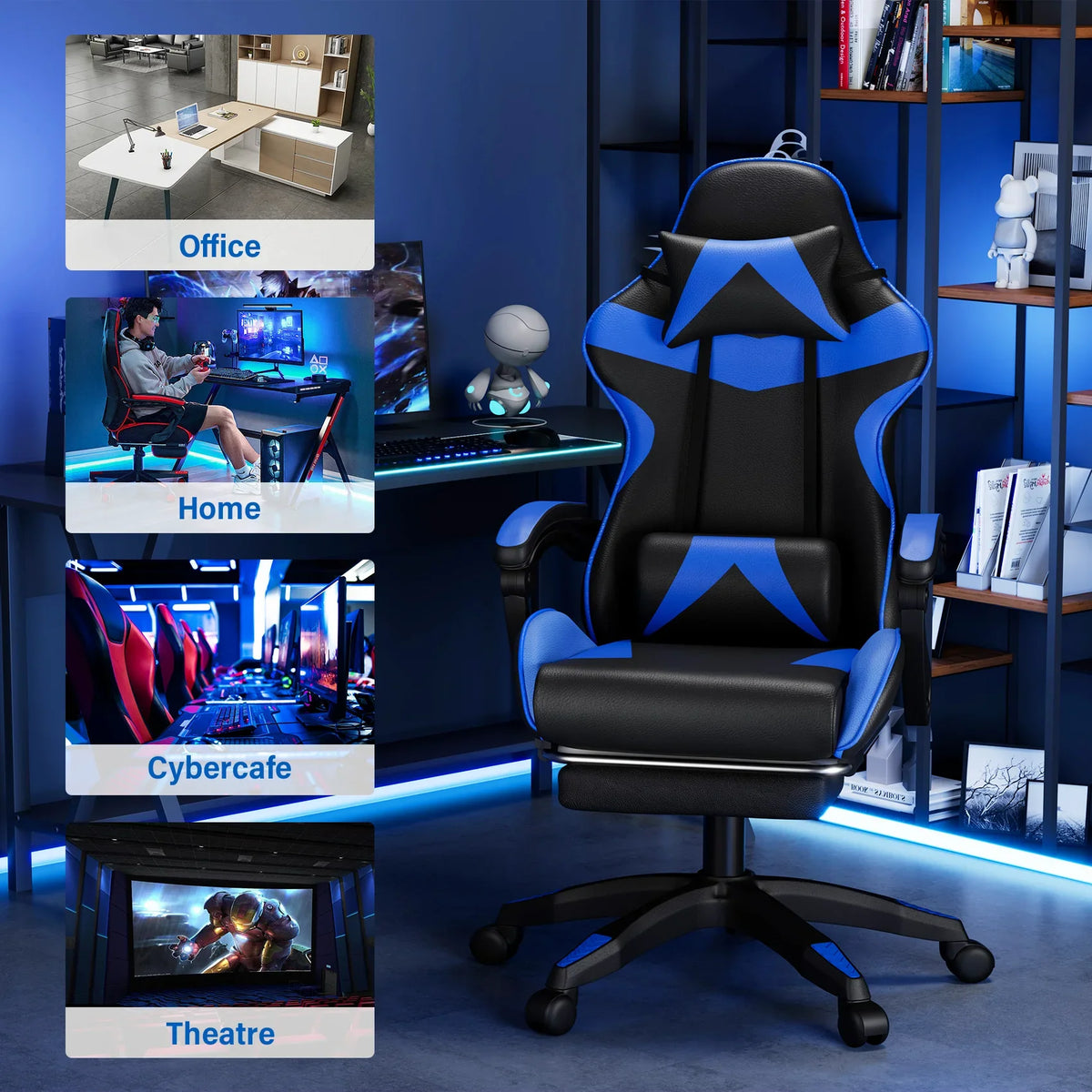Mr IRONSTONE Office Gaming Chair with Footrest & Lumbar Support, Ergonomic Adjustable Computer Chair with Swivel Seat & Headrest, Blue