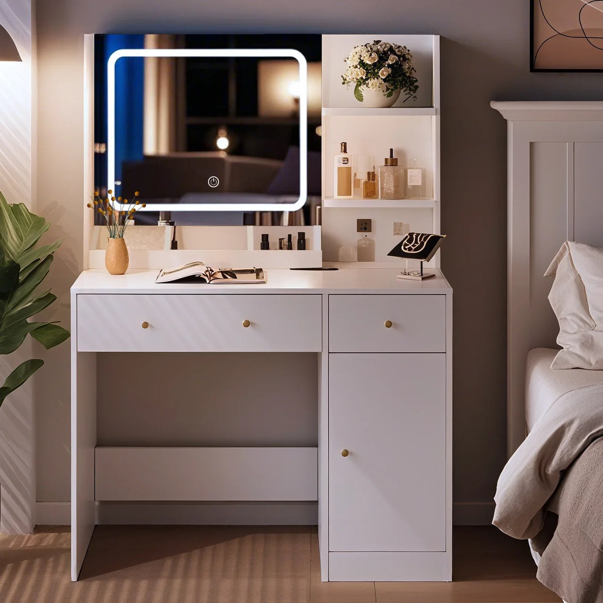 Fenbeli Vanity Set with Mirror and Lights, Makeup Vanity with 3 Drawers, Vanity Desk for Girls, Women, White