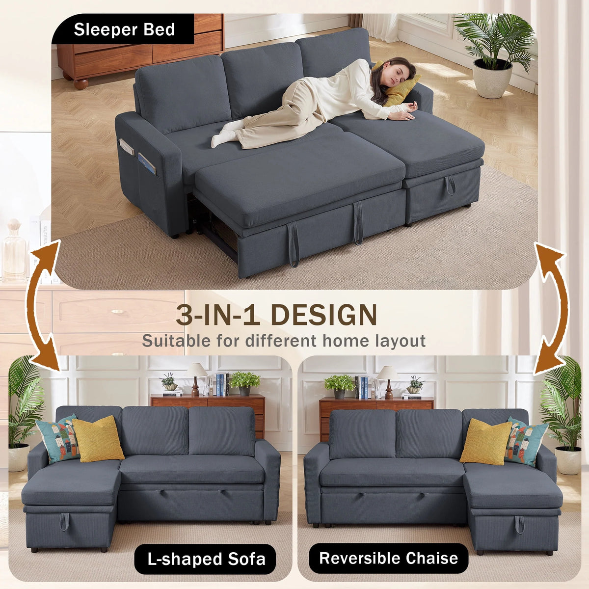 Pingliang Home Pull Out Sleeper Sofa Bed Sectional Sofa with Storage Chaise,L Shaped Sectionals Couches with Side Pockets,Modern Linen Reversible Sofa Couch for Living Room Apartment Office Studio