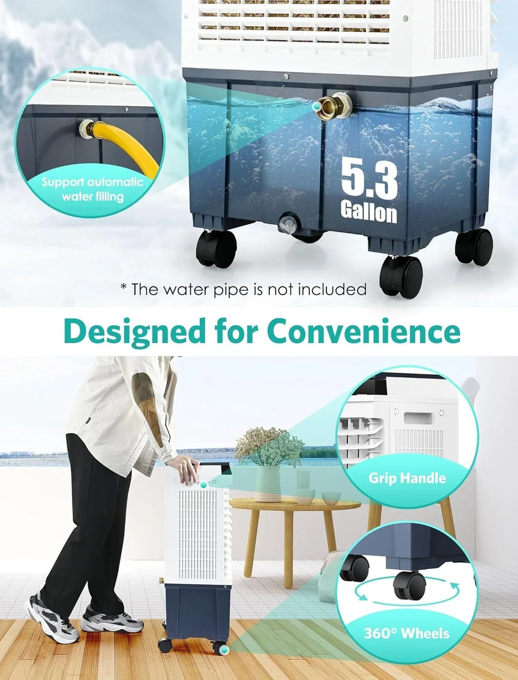 Air Choice Evaporative Air Cooler, 1800CFM Swamp Cooler with 12H Timer, Remote Control, 110" Oscillation & 5.3 Gal Water Tank, 4 Ice Packs, 3 Speeds, 3-in-1 Evaporative Cooler for Outdoor Indoor Use