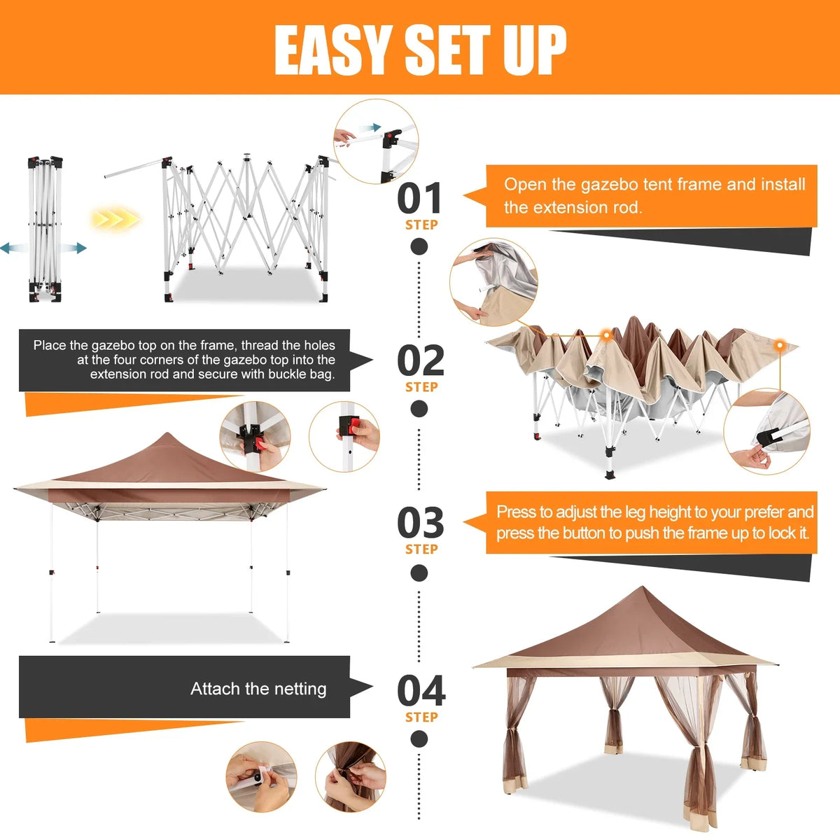 HOTEEL 12x12 Outdoor Pop-up Gazebo Canopy with Mosquito Netting 2-Tiered Vented Top 3 Adjustable Height for Backyard, Garden, Lawn,Light Grey