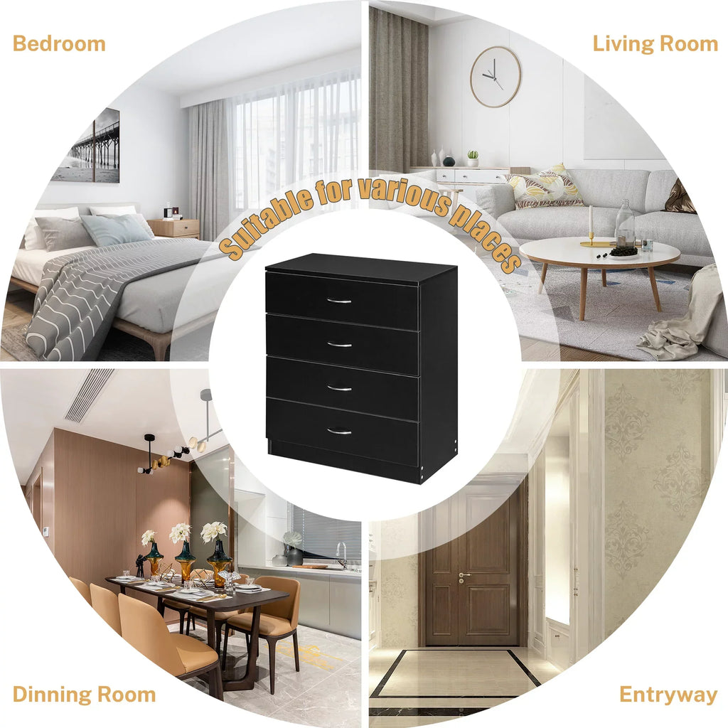 BESTCROF 4 Drawer Dresser Black Dresser, Modern Nightstand Dressers for Bedroom, Small Chest of Drawers Storage Cabinet Dresser Organizer Unit with Handle for Home, Office