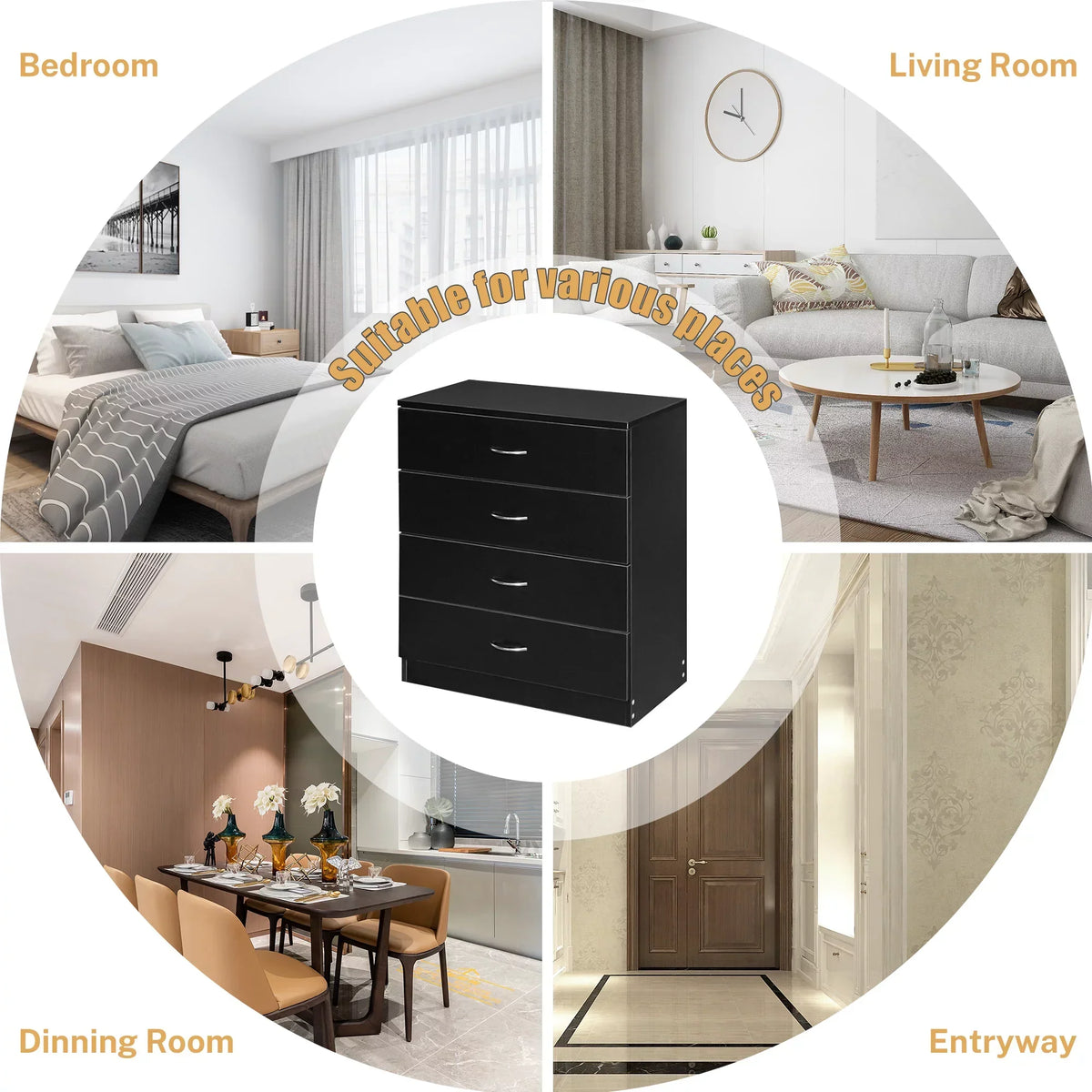 BESTCROF 4 Drawer Dresser Black Dresser, Modern Nightstand Dressers for Bedroom, Small Chest of Drawers Storage Cabinet Dresser Organizer Unit with Handle for Home, Office