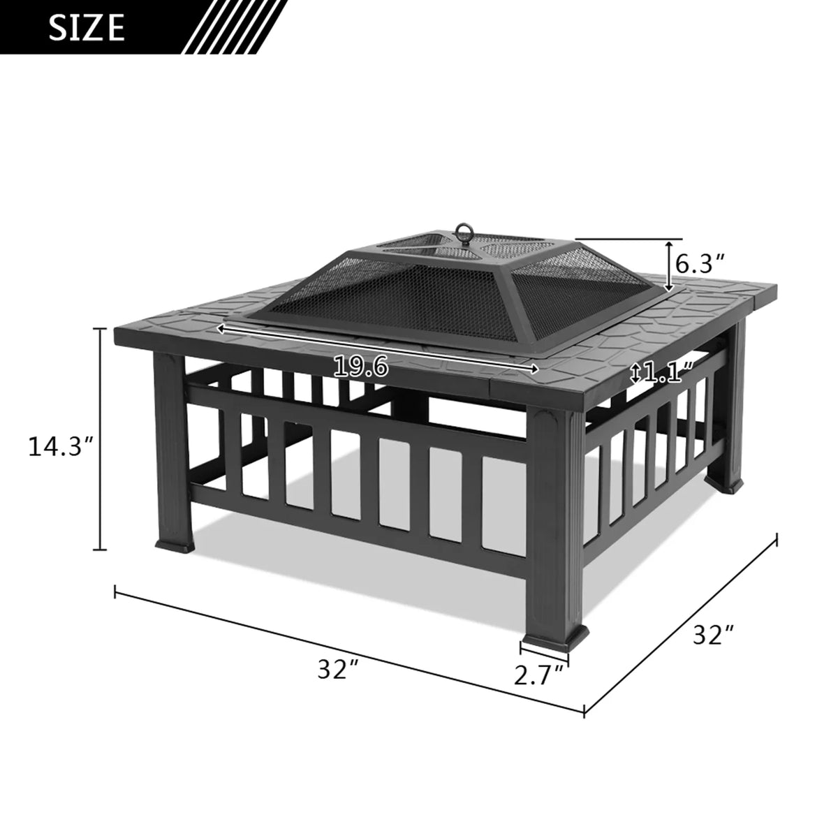 Wood Burning Fire Pits for Outside, 32" Square Iron Fire Pit Backyard Patio Garden Stove Wood Burning Fire Pit w/ Mesh Screen Lid, Wood Grate, Poker, Durable Fire Pit, Q5946